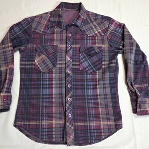VINTAGE MENS MEDIUM 60'S 70'S POLY HEAVY LS SHIRT WING COLLAR PLAID PURPLE